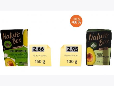 Mogelpackung: Nature Box feste Duschpflege (2021) Alt-Neu-Vergleich