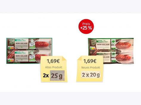 Mogelpackung: Rewe Bio Mini-Salami (2026) Alt-Neu-Vergleich