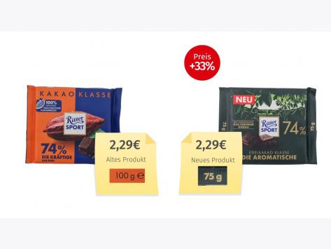 Mogelpackung: Rittersport Edelkakao Klasse Die Armoatische 74% (2026) Alt-Neu-Vergleich 