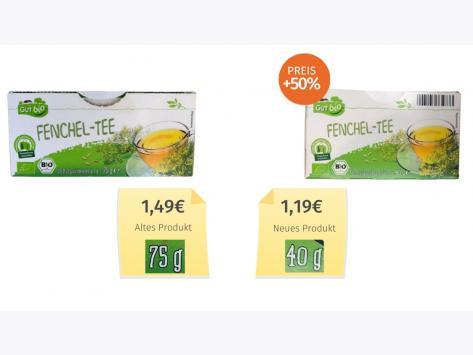 Mogelpackung: Gutbio Fenchel-Tee (2023) Alt-Neu-Vergleich