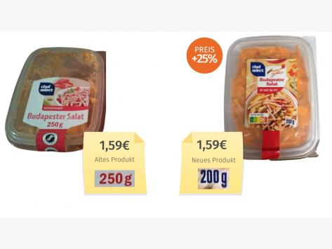 Mogelpackung: Chef Select Budapester Salat (2023) Alt-Neu-Vergleich 
