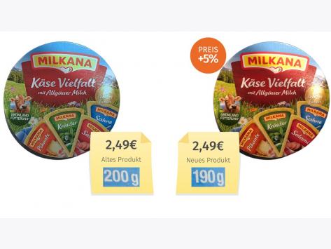 Mogelpackung: Milkana Käse Vielfalt (2023) Alt-Neu-Vergleich