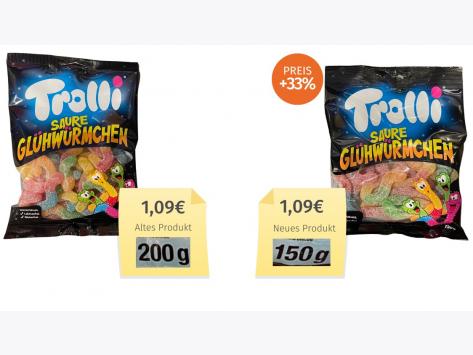 Mogelpackung: Trolli Saure Glühwürmchen (2023) Alt-Neu-Vergleich