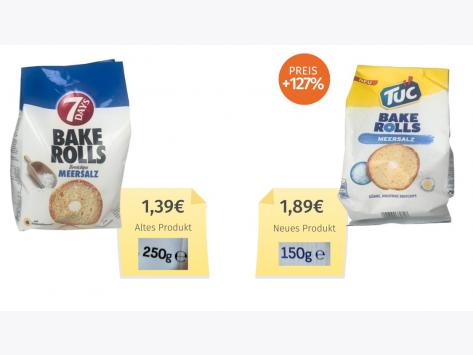 Mogelpackung: 7days + Tuc Bake Rolls Meersalz (2023) Alt-Neu-Vergleich