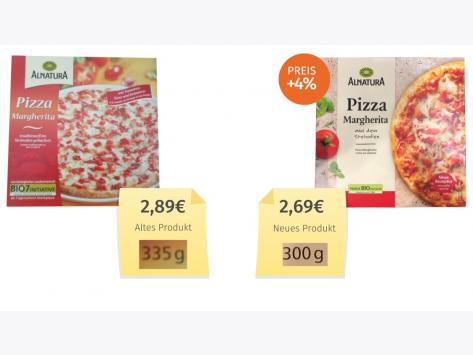 Mogelpackung: Alnatura Pizza Margherita (2023) Alt-Neu-Vergleich