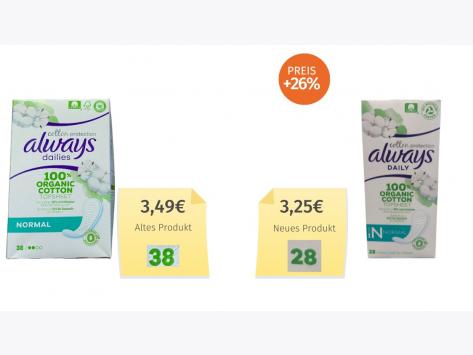 Mogelpackung: Always Dailies Cotton Protection Slipeinlagen normal (2023) Alt-Neu-Vergleich