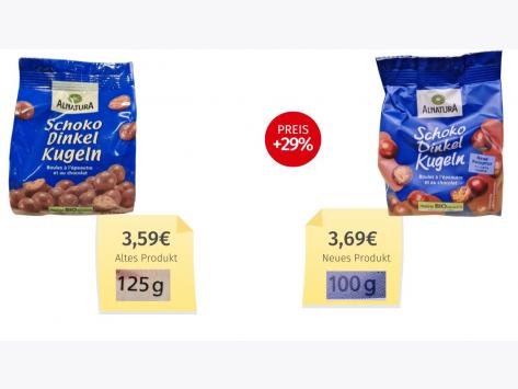 Mogelpackung: Alnatura Schoko Dinkel Kugeln (2025) Alt-Neu-Vergleich