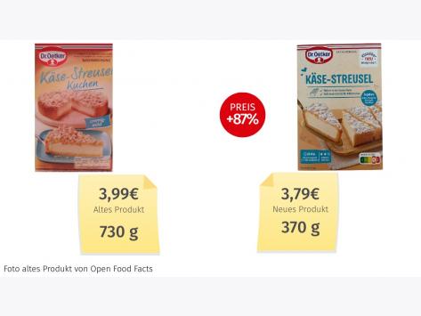 Mogelpackung: Dr. Oetker Käse-Streusel Backmischung (2025) Alt-Neu-Vergleich