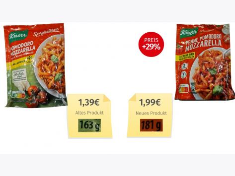 Mogelpackung: Knorr Penne Pomodoro Mozzarella (2025) Alt-Neu-Vergleich