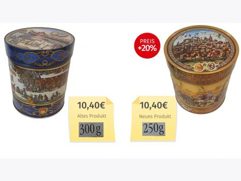 Mogelpackung: Lebkuchen Schmidt Festtags-Dose (2025) Alt-Neu-Vergleich