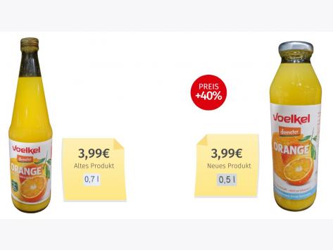 Mogelpackung: Voelkel Orangensaft (2025) Alt-Neu-Vergleich