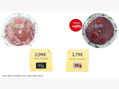 Mogelpackung: Wiltmann Bio Rein Rind Salami (2025) Alt-Neu-Vergleich