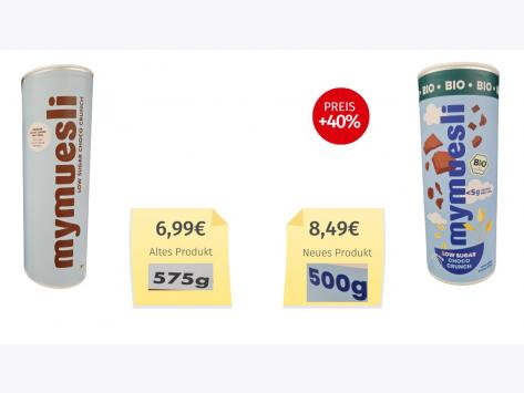 Mogelpackung: mymuesli Low Sugar Choco Crunch (2025) Alt-Neu-Vergleich