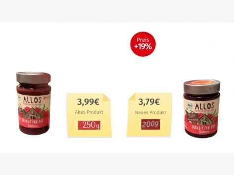 Mogelpackung: Allos Frucht Pur 75% Himbeere (2026) Alt-Neu-Vergleich