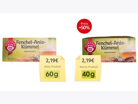 Mogelpackung: Teekanne Fenchel-Anis-Kümmel (2026) Alt-Neu-Vergleich