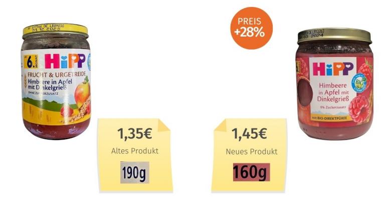 Mogelpackung: Vergleich alt und neu von Hipp Himbeere in Apfel Dinkelgrieß 