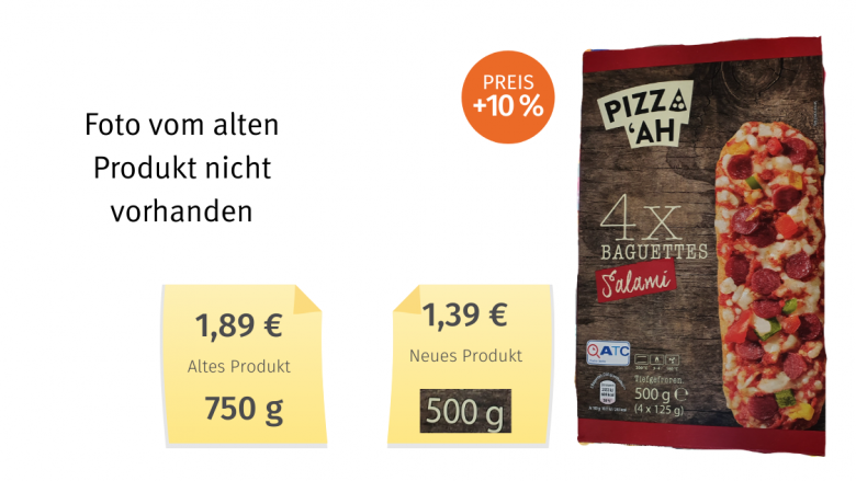 Mogelpackung: Vergleich PizzAH Baguettes Aldi Nord alt neu 2021