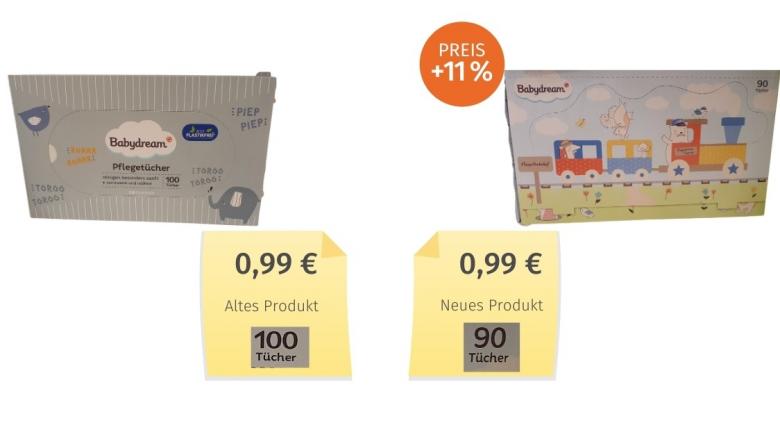 Mogelpackung: Babydream Pflegetücher (2020) Alt-Neu-Vergleich