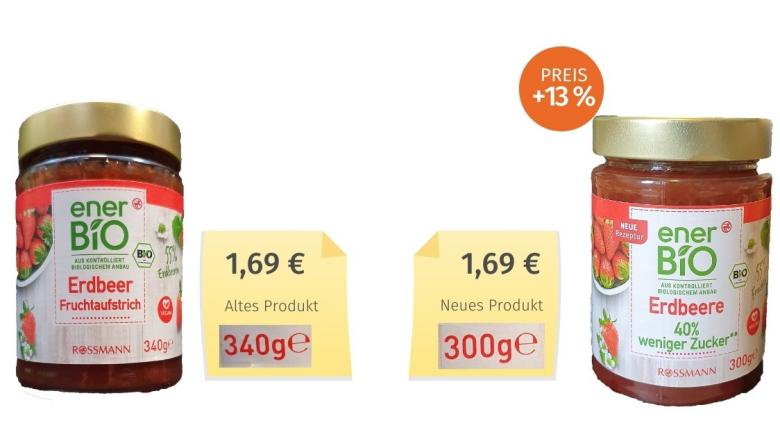 Mogelpackung: Enerbio Erdbeer Fruchtaufstrich (2020) Alt-Neu-Vergleich