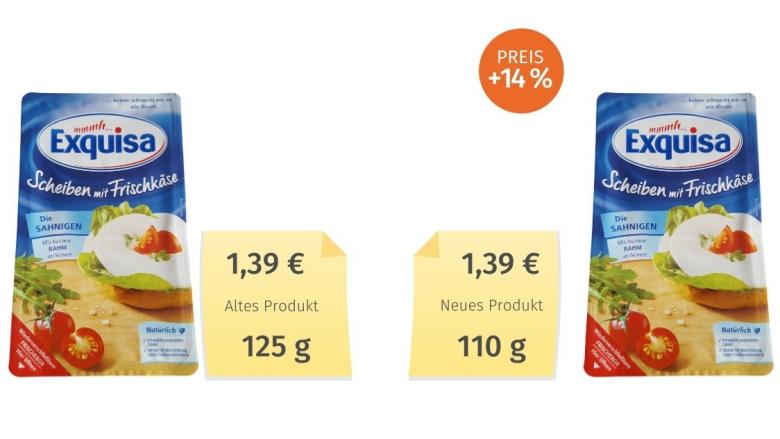 Mogelpackung: Exquisa Scheiben aus Frischkäse (2020) Alt-Neu-Vergleich