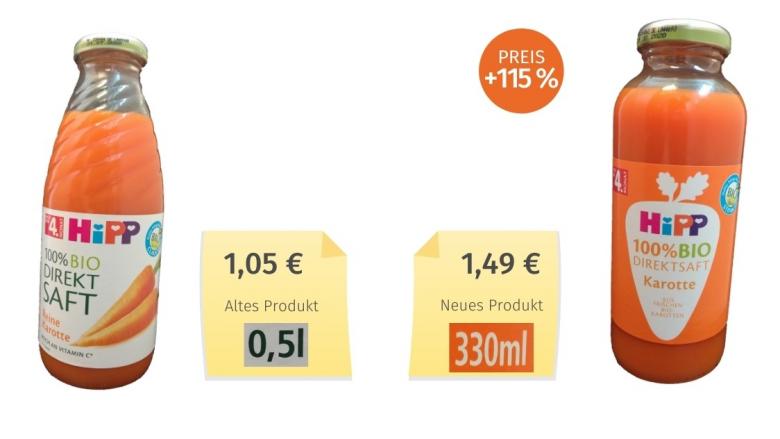 Mogelpackung: Hipp 100% Bio Direktsaft Karotte (2019) Alt-Neu-Vergleich