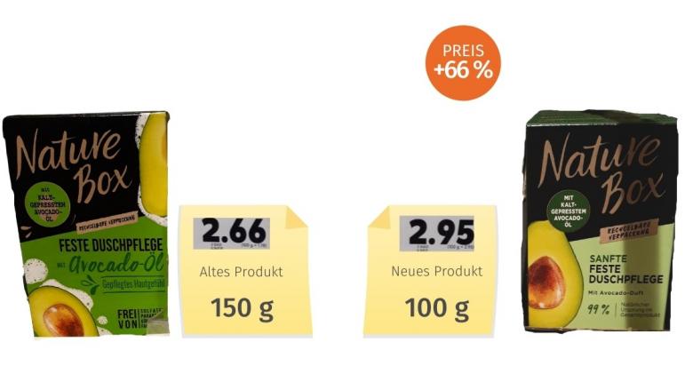 Mogelpackung: Nature Box feste Duschpflege (2021) Alt-Neu-Vergleich
