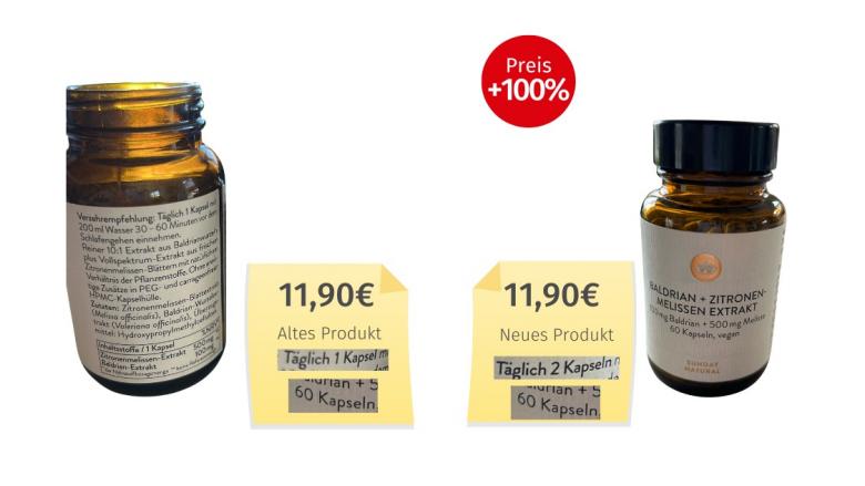 Mogelpackung: Sunday Natural Baldrian + Zitronenmelisse Extrakt (2026) Alt-Neu-Vergleich