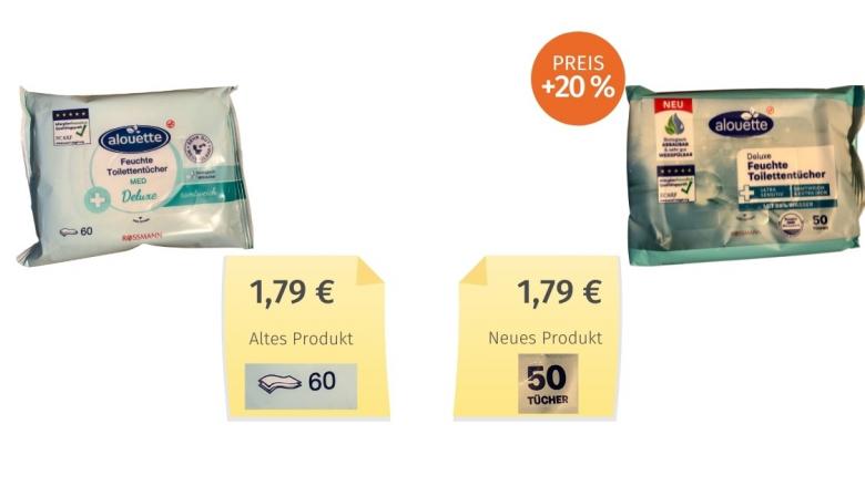 Mogelpackung: Alouette feuchtes Toilettenpapier (2021) Alt-Neu-Vergleich