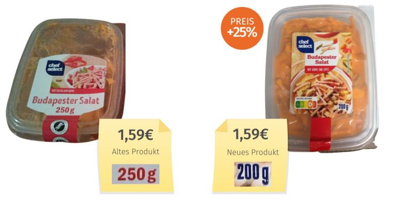 Mogelpackung: Chef Select Budapester Salat (2023) Alt-Neu-Vergleich 