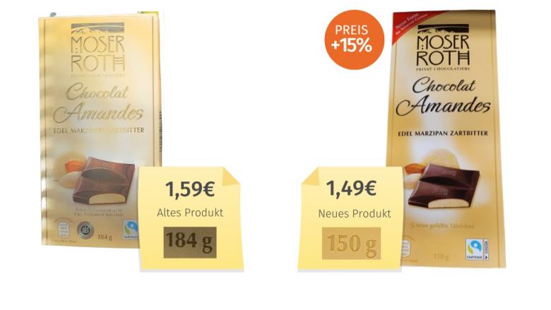 Mogelpackung: Moser Roth Chocolat Amandes Zartbitter (2023) Alt-Neu-Vergleich 