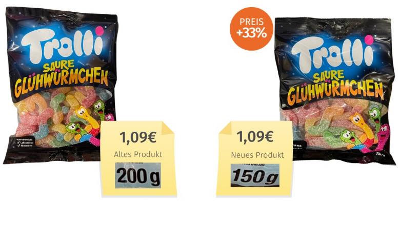 Mogelpackung: Trolli Saure Glühwürmchen (2023) Alt-Neu-Vergleich