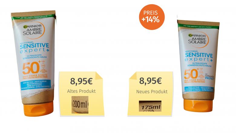 Mogelpackung: Garnier Ambre Solaire Sensitive expert+ Milch LSF 50+ (2023) Alt-Neu-Vergleich