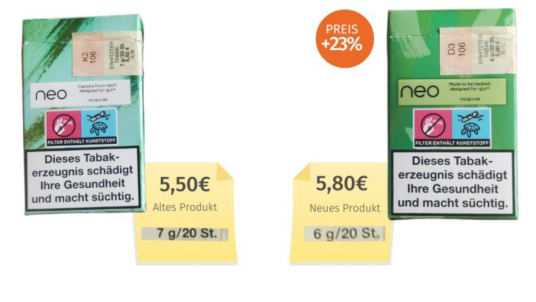 Mogelpackung: Glo Neo Sticks (2023) Alt-Neu-Vergleich