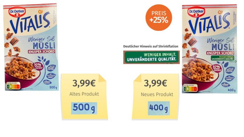 Dr. Oetker Vitalis weniger süß Müsli Knusper Schoko (2025) Alt-Neu-Verglei
