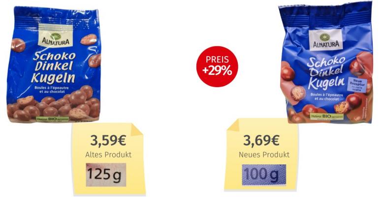 Mogelpackung: Alnatura Schoko Dinkel Kugeln (2025) Alt-Neu-Vergleich