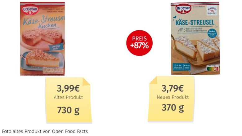 Mogelpackung: Dr. Oetker Käse-Streusel Backmischung (2025) Alt-Neu-Vergleich