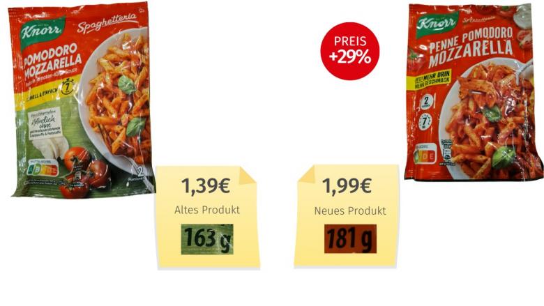 Mogelpackung: Knorr Penne Pomodoro Mozzarella (2025) Alt-Neu-Vergleich