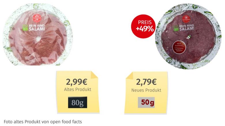 Mogelpackung: Wiltmann Bio Rein Rind Salami (2025) Alt-Neu-Vergleich