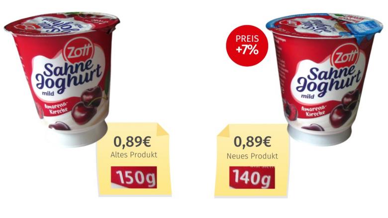 Mogelpackung: Zott Sahne Joghurt mild Amarena-Kirsche (2025) Alt-Neu-Vergleich