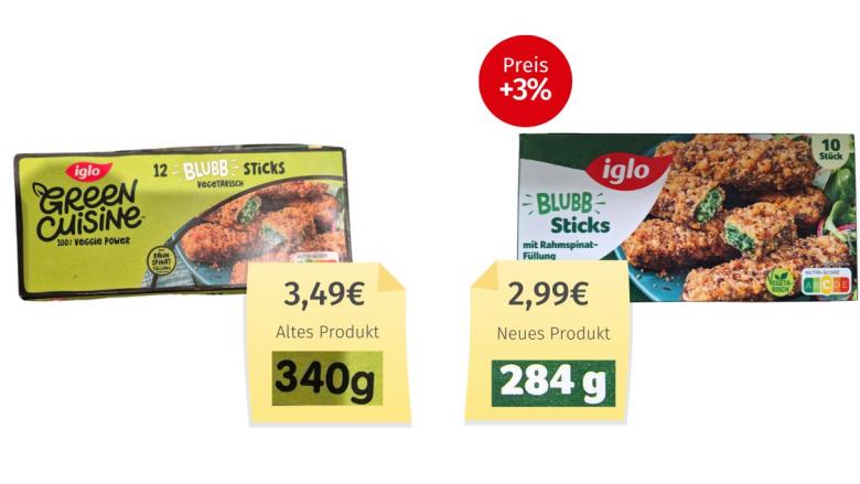 Mogelpackung: Iglo Blubb Sticks (2026) Alt-Neu-Vergleich