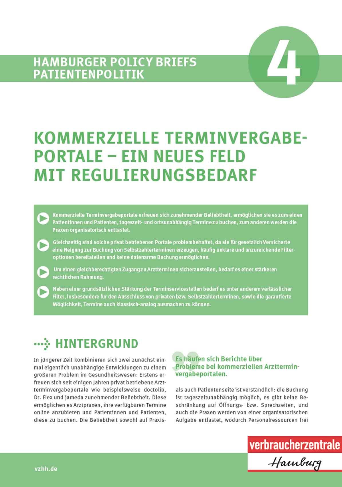 Deckblatt des Hamburger Policy Briefs: 01-2025 Kommerzielle Terminvergabeportale - ein neues Feld mit Regulierungsbedarf