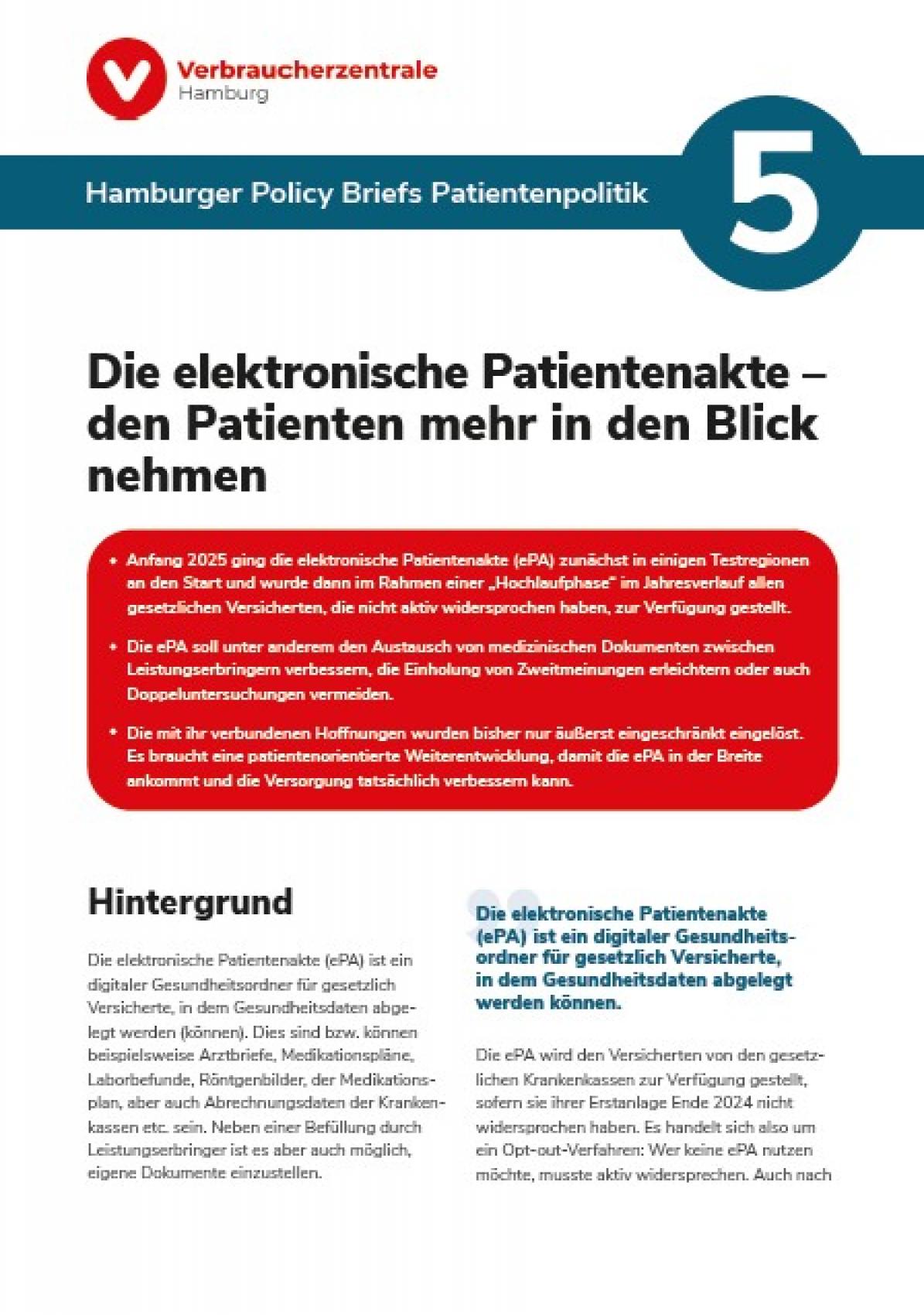 Deckblatt des Hamburger Policy Briefs: 01-2026 Die elektronische Patientenakte – den Patienten mehr in den Blick nehmen
