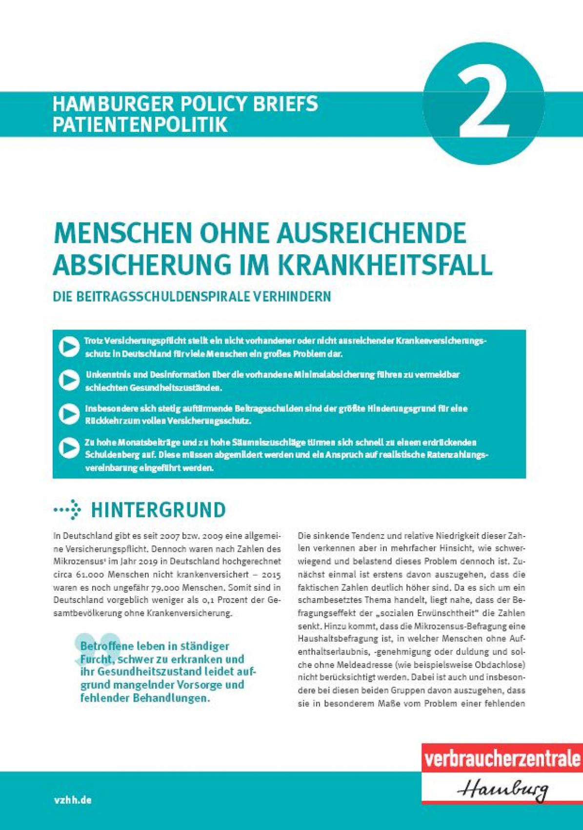 Deckblatt des Hamburger Policy Briefs: 02-2022 Menschen ohne ausreichende Absicherung im Krankheitsfall