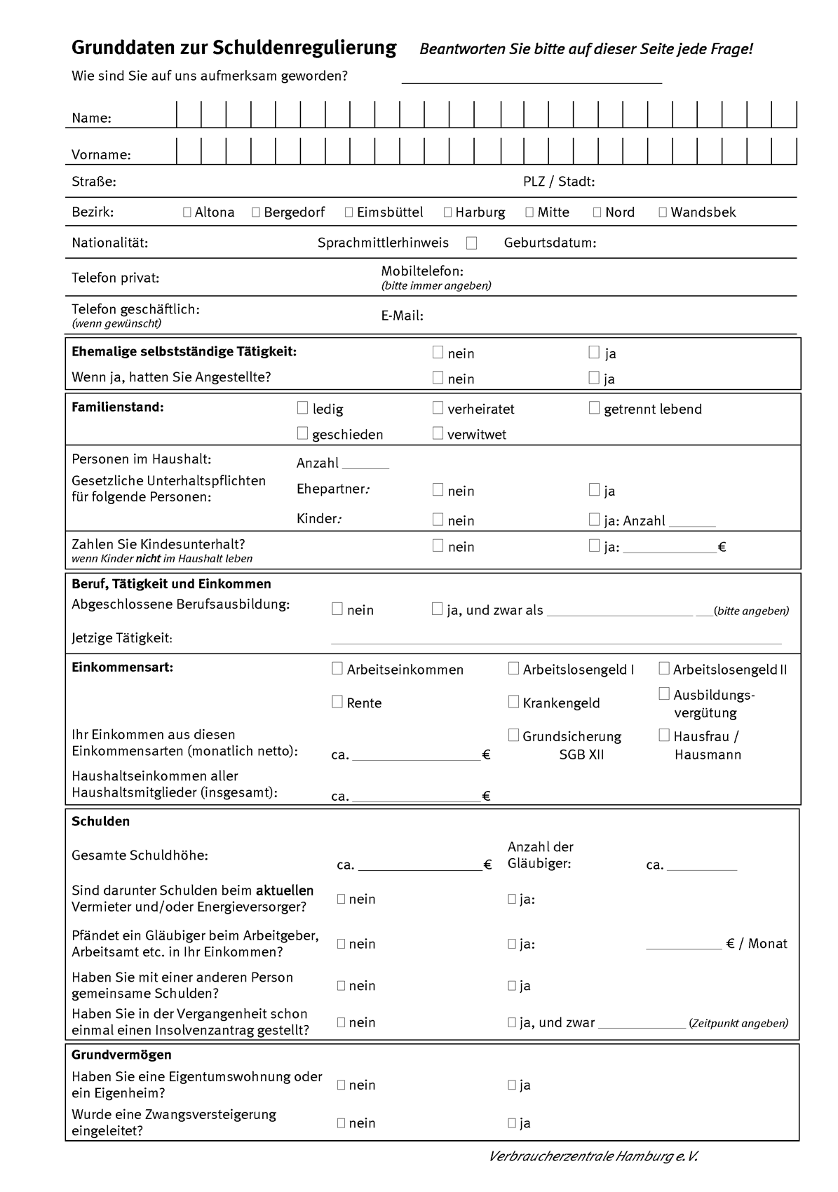 Schuldnerberatung: Titelbild des Anmeldeformulars für Schuldenregulierung bei der Verbraucherzentrale